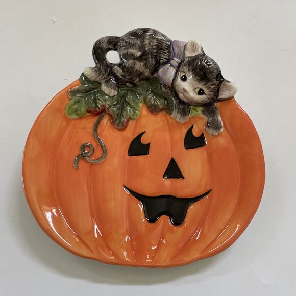 Vintage Halloween Decor Fitz & Floyd Canapé Plate Pumpkin Cat Halloween Decor‎ - Picture 2 of 12